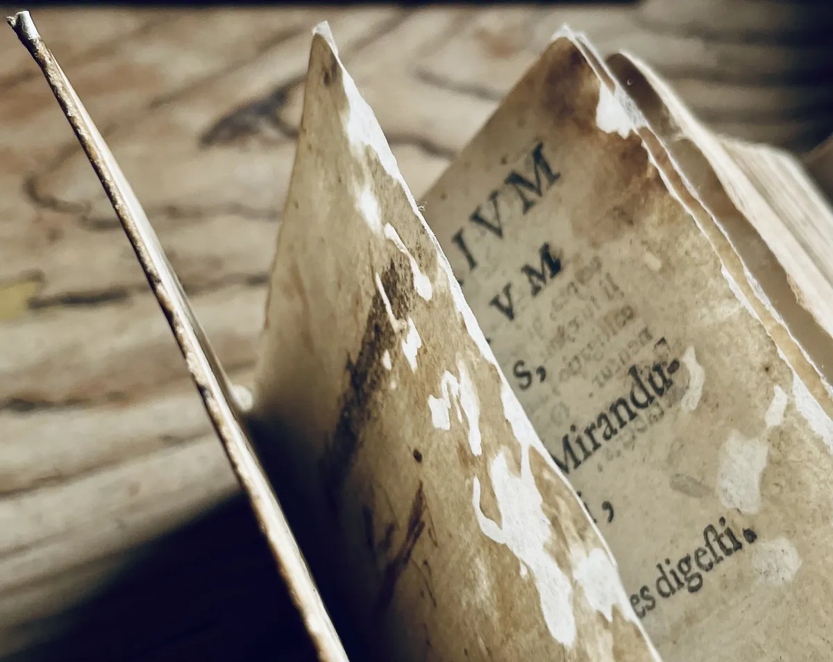 A close-up of an old, worn book with visible text and pages that appear aged and damaged.
